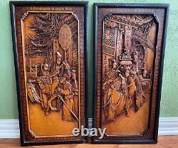 2 of 2 antique/vintage Chinese high detail hand carved wood panel wall hanging