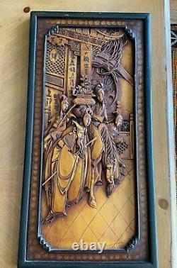 2 of 2 antique/vintage Chinese high detail hand carved wood panel wall hanging