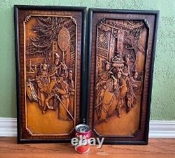 2 of 2 antique/vintage Chinese high detail hand carved wood panel wall hanging