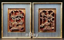 2 x Schnitzerei 19. Jh. Rotlack vergoldet China carved gilded wood relief panel