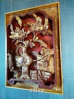 2 x Schnitzerei 19. Jh. Rotlack vergoldet China carved gilded wood relief panel
