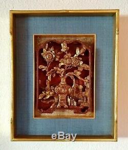 2 x Schnitzerei 19. Jh. Rotlack vergoldet China carved gilded wood relief panel