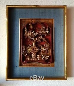 2 x Schnitzerei 19. Jh. Rotlack vergoldet China carved gilded wood relief panel