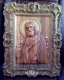 20Wood Carved Icon 3D George Victorious St Serapfim orthodox panel painting art