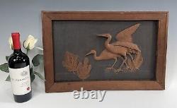 20thC Japanese School Keyaki Carved Wood Panel WithCranes & Young pine Signed