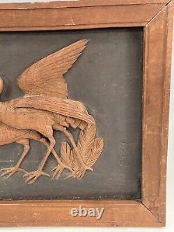 20thC Japanese School Keyaki Carved Wood Panel WithCranes & Young pine Signed