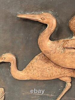 20thC Japanese School Keyaki Carved Wood Panel WithCranes & Young pine Signed