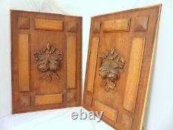 23 Antique French Carved Wood Panel Gothic PAIR Fruits Salvage + Ribbons Bow