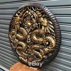 23 Pair of Dragons Teak Wood Carved Collectibles Zodiac Wall Decor Wall Panel