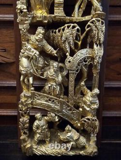 23 Vintage Chinese Carved Giltwood Furniture Panel with Figures Warriors Horses