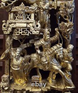 23 Vintage Chinese Carved Giltwood Furniture Panel with Figures Warriors Horses