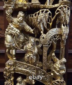 23 Vintage Chinese Carved Giltwood Furniture Panel with Figures Warriors Horses