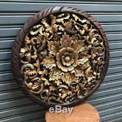 23-inch Gold-Color Floral Teak Wood Carving Wall Panel Hand Carved Wood