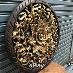 23-inch Gold-Color Floral Teak Wood Carving Wall Panel Hand Carved Wood