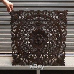 23-inch Square Brown Teak Wood Wall Panel Carved Floral Asian Home Decor