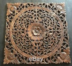 24 Brown Asian Carved Wood Wall Art Panel Decor Plaque Floral Teak Hanging Gift