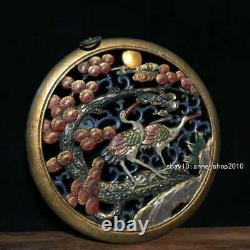 26.8cm Marked China Old Lacquer ware Wood Carving Pine crane Hanging panel
