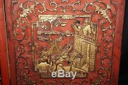 2x 19C Chinese Qing Red Lacquer & Gilt Carved Wooden Panels Figures Motif (RgR)