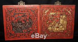 2x 19C Chinese Qing Red Lacquer & Gilt Carved Wooden Panels Figures Motif (RgR)