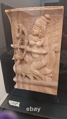 3 India Indian carved Wood Cart Panel with Attendants ca. 20th GODDESS GOD