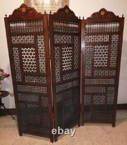 3 Panels Handmade Carved Wood Latticework Screen, Room Divider, Folding Screen