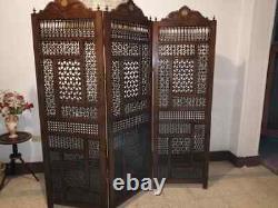 3 Panels Handmade Carved Wood Latticework Screen, Room Divider, Folding Screen