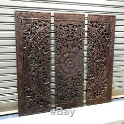 3 Pieces Flower Teak Wood Carved Handcraft Wall Decor Art Collectible Wall Panel