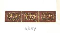 3 pc Set of Antique Chinese Red & Gilt Wooden Carved Panel