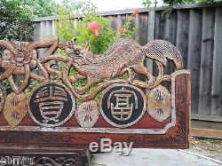 329. Antique Carved Gold Gilt Wood Panel with Foo Dog with Chinese Words