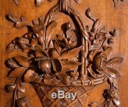 34 Tall French Antique Deep Carved Panel With Louis XVI Flowers in Walnut Wood