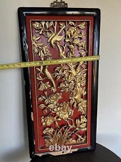 34 x 16 Antique Chinese Red Lacquer Deeply Carved Gold Wood Bird Flowers Panel