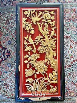 34 x 16 Antique Chinese Red Lacquer Deeply Carved Gold Wood Bird Flowers Panel