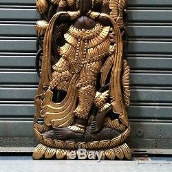 35 Gold-Color Asian Angel Teak Wood Carving Wall Panel Sculpture Home Decor