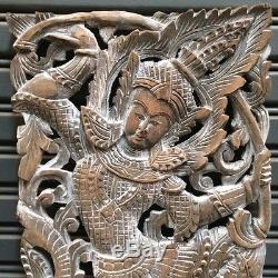 35 Teak Wood White Asian Angel Carving Wall Panel Sculpture Home Decor