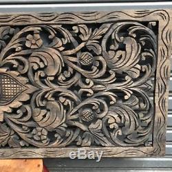 35-inch Teak Wood Black Wash Floral Wood Carving Wall Panel Wall Home Decor