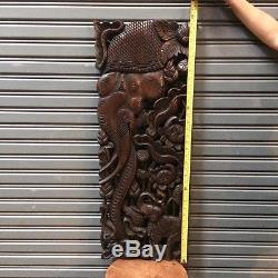 35-inch Teak Wood Carved Elephant Wood Carving Wall Panel Asian Sculpture