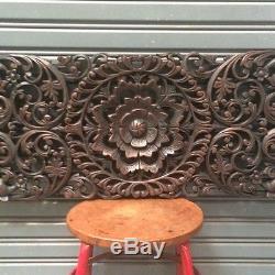 35-inch Teak Wood Carving Wall Panel Floral Carved Asian Wood Sculpture