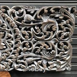 35-inch White Wash Teak Wood Carving Wall Panel Floral Hand Carved Asian Style