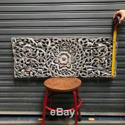 35-inch White Wash Teak Wood Carving Wall Panel Floral Hand Carved Asian Style