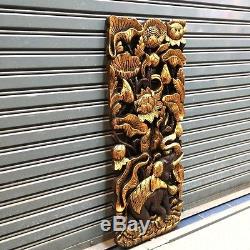 36x13 Elephant Lotus Teak Wood Carved Handicraft Wall Decor Wall Panel Art