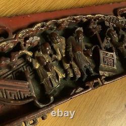 37' Antique Chinese Emperor Carved Gold Gilt Panel Art Wood Raised Hollow Relief