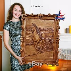 39/99cm Wood carved 3D picture Horse painting-art-icon-panel-frame