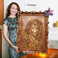39/99cm Wood carved 3D picture Hunting painting-art-icon-panel-frame-lion-catch