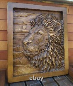 3D Wooden Picture Wood Carving Wall Art Handcarved Wood Carving Lion Wood Panel