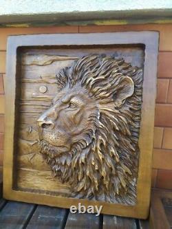 3D Wooden Picture Wood Carving Wall Art Handcarved Wood Carving Lion Wood Panel