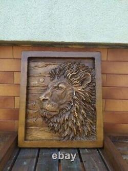 3D Wooden Picture Wood Carving Wall Art Handcarved Wood Carving Lion Wood Panel