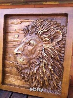 3D Wooden Picture Wood Carving Wall Art Handcarved Wood Carving Lion Wood Panel