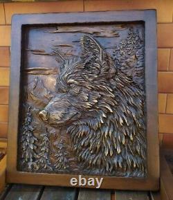 3D Wooden Picture Wood Carving Wall Art Handcarved Wood Carving Wolf Wood Panel