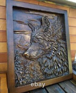 3D Wooden Picture Wood Carving Wall Art Handcarved Wood Carving Wolf Wood Panel