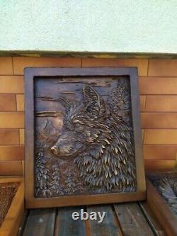 3D Wooden Picture Wood Carving Wall Art Handcarved Wood Carving Wolf Wood Panel